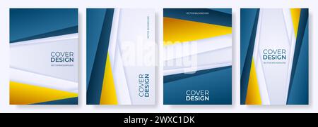 White, blue and yellow abstract modern vertical backgrounds set. Paper cut style cover design template collection. Minimalist simple annual report Stock Vector