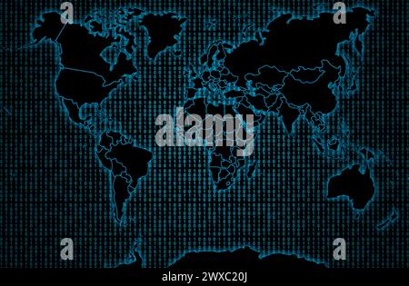 Black world map against a blue binary code background. Stock Photo