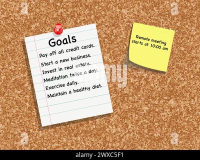 A goal sheet with a reminder sticker on a cork board Stock Photo