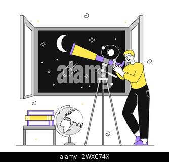 Astronomer with telescope vector linear Stock Vector