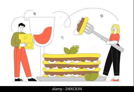 Man and woman with lasagna vector simple Stock Vector