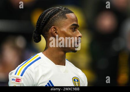 Watford, UK. 29th Mar, 2024. Leeds United's Crysencio Summerville during the Watford FC v Leeds United FC sky bet EFL Championship match at Vicarage Road, Watford, England, United Kingdom on 29 March 2024 Credit: Every Second Media/Alamy Live News Stock Photo