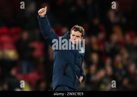 Watford, UK. 29th Mar, 2024. Watford manager Tom Cleverly after the final whistle during the Watford FC v Leeds United FC sky bet EFL Championship match at Vicarage Road, Watford, England, United Kingdom on 29 March 2024 Credit: Every Second Media/Alamy Live News Stock Photo