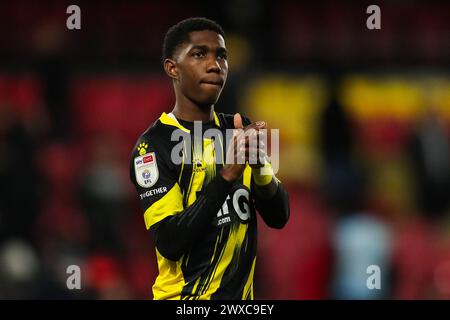 Watford, UK. 29th Mar, 2024. Watford's Yaser Asprilla during the Watford FC v Leeds United FC sky bet EFL Championship match at Vicarage Road, Watford, England, United Kingdom on 29 March 2024 Credit: Every Second Media/Alamy Live News Stock Photo