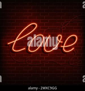 Neon word love. A bright red sign on a brick wall. Element of design for a happy Valentine s day. Vector illustration. Stock Vector