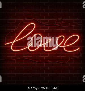 Neon word love. A bright red sign on a brick wall. Element of design for a happy Valentine s day. Vector illustration. Stock Vector