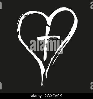 Christian white cross and heart drawn by brush, isolated symbols on a black background Stock Vector