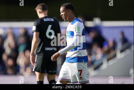 LONDON, ENGLAND - MARCH 29: Chris Willock of Queens Park Rangers looks dejected after missing a chance during the Sky Bet Championship match between Queens Park Rangers and Birmingham City at Loftus Road on March 29, 2024 in London, England.(Photo by Dylan Hepworth/MB Media) Stock Photo