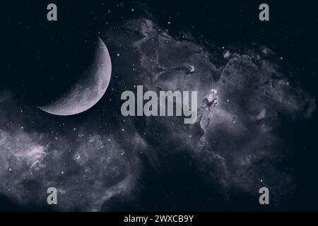 A waxing crescent Earth's moon accompanied by a satellite in the galaxy. Stock Photo