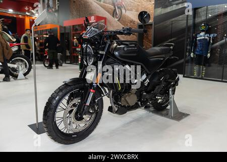ISTANBUL, TURKIYE - APRIL 29, 2023: Husqvarna Svartpilen motorcycle on display at Motobike Istanbul 2024 in Istanbul Expo Center (IFM Stock Photo