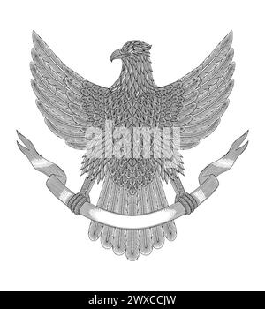 Eagle bird with ribbon, Vintage engraving drawing style illustration Stock Vector