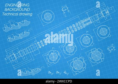 Mechanical engineering drawings on blue background. Broach. Technical Design. Cover. Blueprint. Vector illustration. Stock Vector