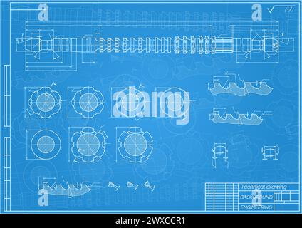 Mechanical engineering drawings on blue background. Broach. Technical Design. Cover. Blueprint. Vector illustration. Stock Vector