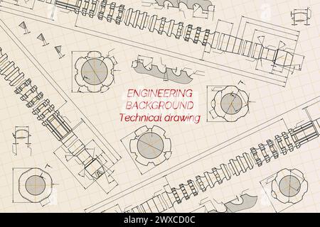 Mechanical engineering drawings on blue background. Broach. Technical Design. Cover. Blueprint. Vector illustration. Stock Vector