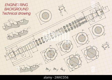 Mechanical engineering drawings on blue background. Broach. Technical Design. Cover. Blueprint. Vector illustration. Stock Vector