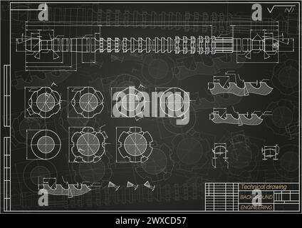 Mechanical engineering drawings on blue background. Broach. Technical Design. Cover. Blueprint. Vector illustration. Stock Vector