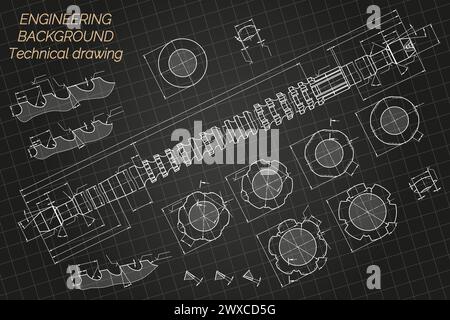 Mechanical engineering drawings on blue background. Broach. Technical Design. Cover. Blueprint. Vector illustration. Stock Vector