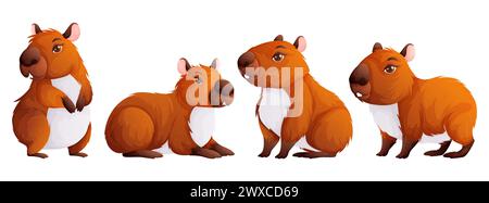 Set of four cute capybaras. Adult capybaras in different poses. Wild animals of South America. Stock Vector