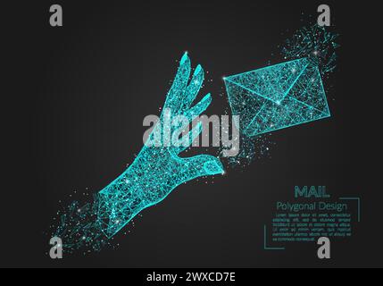 Abstract isolated image of human hand sending letter. Polygonal illustration looks like stars in the blask night sky in spase or flying glass shards Stock Vector