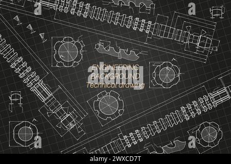 Mechanical engineering drawings on blue background. Broach. Technical Design. Cover. Blueprint. Vector illustration. Stock Vector