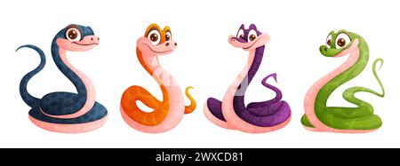 A set of four cute snakes in green, yellow, blue and purple. Funny snake posing. Symbol of the year. Stock Vector