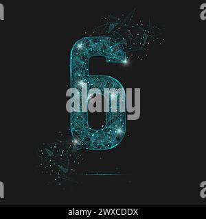 Abstract isolated blue image of a number six. Polygonal illustration looks like stars in the blask night sky in spase or flying glass shards. Digital Stock Vector