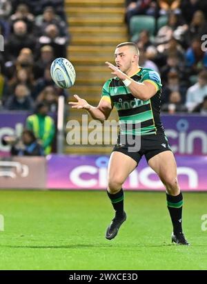 Northampton ENGLAND -  March 29-2024 : Ollie Sleightholme of Northampton Saints  during the  match between  Northampton Saints and Saracens Rugby   at cinch Stadium  Franklin’s Gardens.  Northampton Stock Photo