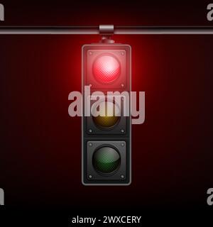 Vector Realistic Hanging Traffic Light with Glowing Red Prohibiting Signal Isolated on Black Background Stock Vector