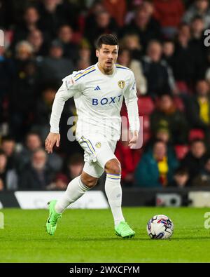 Watford, UK. 29th Mar, 2024. Leeds United's Joel Piroe in action during the Watford FC v Leeds United FC sky bet EFL Championship match at Vicarage Road, Watford, England, United Kingdom on 29 March 2024 Credit: Every Second Media/Alamy Live News Stock Photo