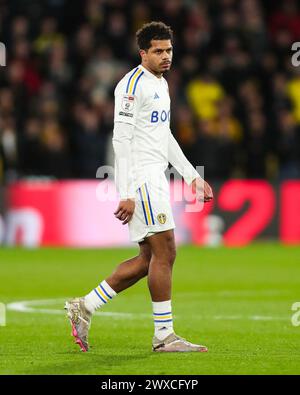 Watford, UK. 29th Mar, 2024. Leeds United's Georginio Rutter in action during the Watford FC v Leeds United FC sky bet EFL Championship match at Vicarage Road, Watford, England, United Kingdom on 29 March 2024 Credit: Every Second Media/Alamy Live News Stock Photo