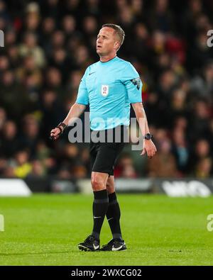 Watford, UK. 29th Mar, 2024. Referee David Webb during the Watford FC v Leeds United FC sky bet EFL Championship match at Vicarage Road, Watford, England, United Kingdom on 29 March 2024 Credit: Every Second Media/Alamy Live News Stock Photo