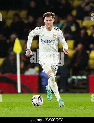 Watford, UK. 29th Mar, 2024. Leeds United's Joe Rodon in action during the Watford FC v Leeds United FC sky bet EFL Championship match at Vicarage Road, Watford, England, United Kingdom on 29 March 2024 Credit: Every Second Media/Alamy Live News Stock Photo