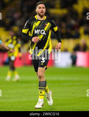 Watford, UK. 29th Mar, 2024. Watford's Francisco Sierralta in action during the Watford FC v Leeds United FC sky bet EFL Championship match at Vicarage Road, Watford, England, United Kingdom on 29 March 2024 Credit: Every Second Media/Alamy Live News Stock Photo