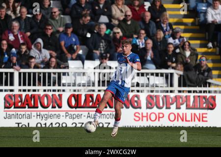 Hartlepool United's Louis Stephenson during the Vanarama National League match between Hartlepool United and FC Halifax Town at Victoria Park, Hartlepool on Friday 29th March 2024. (Photo: Mark Fletcher | MI News) Credit: MI News & Sport /Alamy Live News Stock Photo