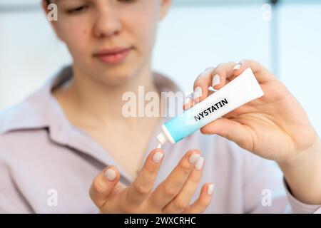 Nystatin medical cream, conceptual image. A combination cream used to treat fungal skin infections with inflammation, such as candidiasis and diaper rash. Stock Photo