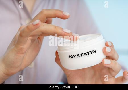 Nystatin medical cream, conceptual image. An antifungal cream used to treat fungal skin infections, including candidiasis and yeast infections. Stock Photo