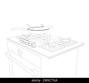 Contour of gas stove and hood. Outline oven vector illustration on white background. Vector illustration Stainless oven for cooking. Isometric view. 3 Stock Vector