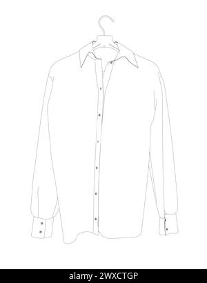 Contour shirt with button down collar isolated on white. Outline of a long sleeved shirt hanging on a hanger made of black lines isolated on a white b Stock Vector