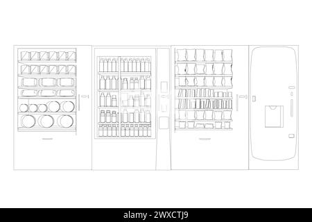 Vending coffee, snack and water is a machine. Outline of a vending snack machine from black lines isolated on a white background. Front view. 3D. Vect Stock Vector