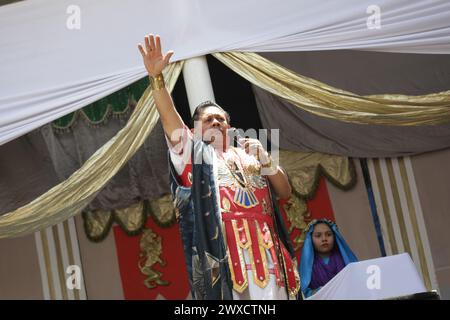 Mexico City, Mexico. 29th Mar, 2024. An actor representing Pontius Pilate takes part during the Passion of Christ on Good Friday in the Tenorios neighborhood as part of the Holy Week celebrations in Mexico. on March 29, 2024 in Mexico City, Mexico (Credit Image: © Ian Robles/eyepix via ZUMA Press Wire) EDITORIAL USAGE ONLY! Not for Commercial USAGE! Stock Photo