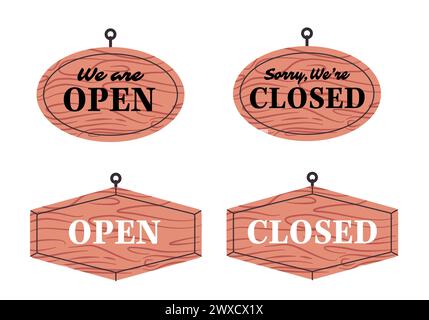 open closed wooden sign board store front tag round shape close Stock Vector