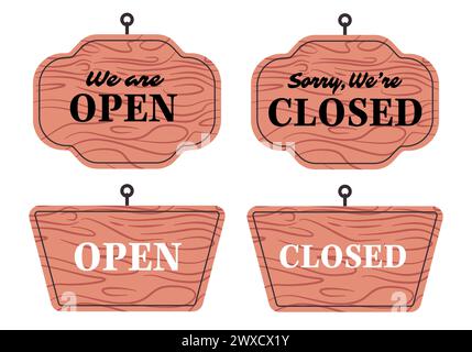 open closed wooden sign board store front tag Stock Vector