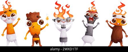 Set of five cute characters Medieval torches with burning flames. Emotional Antique torches of different shapes with fire. Symbol of the Olympics Stock Vector