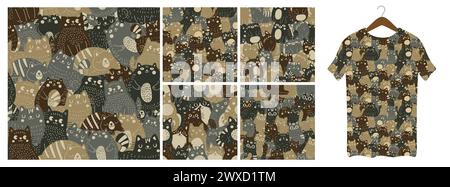 A set of five seamless patterns, a khaki pattern consisting of cats. War paint of kitten silhouettes. Vector seamless illustration. Stock Vector
