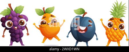 Set of four cute fruit characters. Little happy grapes, lemon, plum and pineapple. Dynamic poses, colorful detailed Cartoon style vector. Stock Vector