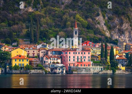 Varena old town on Lake Como, Italy with mountains in the background Stock Photo