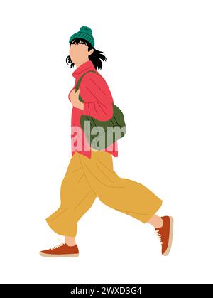 Stylish girl in casual outfit walking side view. Stock Vector