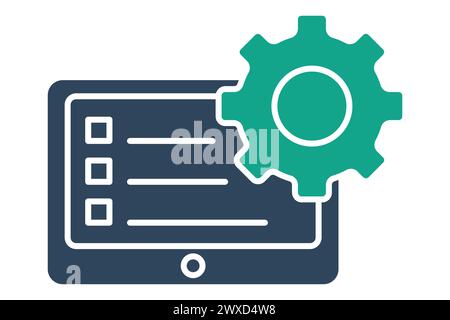 action plan icon. laptop and checklist with gear. icon related to business. solid icon style. element illustration. Stock Vector