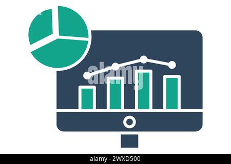 analysis icon. computer with chart. icon related to action plan, business. solid icon style. business element illustration Stock Vector