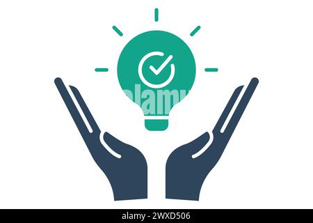 solution icon. hand with light bulb. icon related to action plan, business. solid icon style. business element illustration Stock Vector